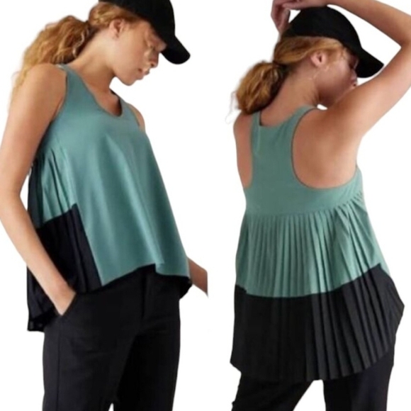 #638 ATHLETA - Swing Forward Pleated Tank Top Green Jade Black Size: - Picture 4 of 4